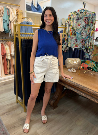 WHITE ELASTIC WAIST COASTAL TIE SHORTS