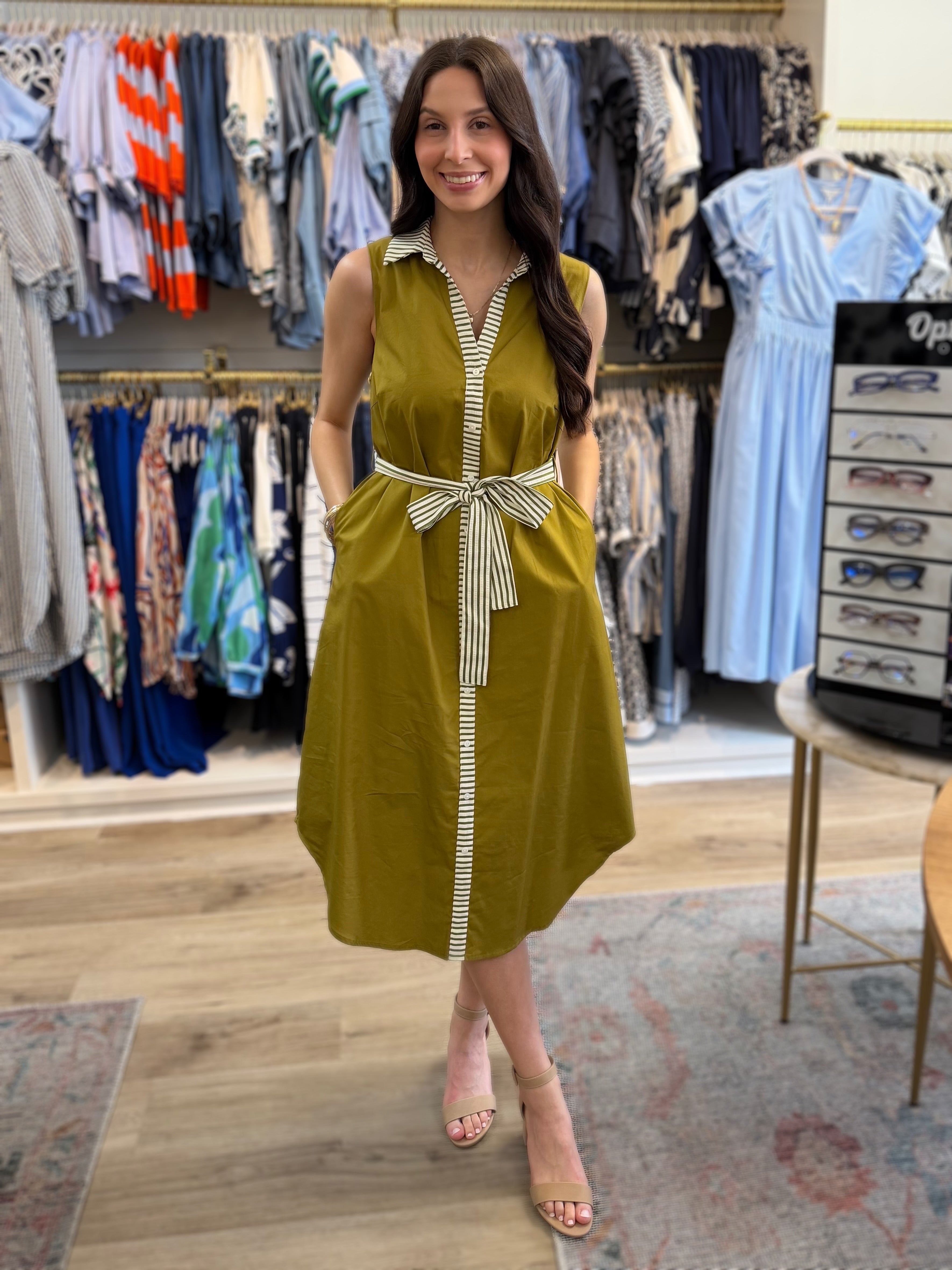 OLIVE STRIPED BANDING BUTTON-DOWN SLEEVELESS MIDI DRESS