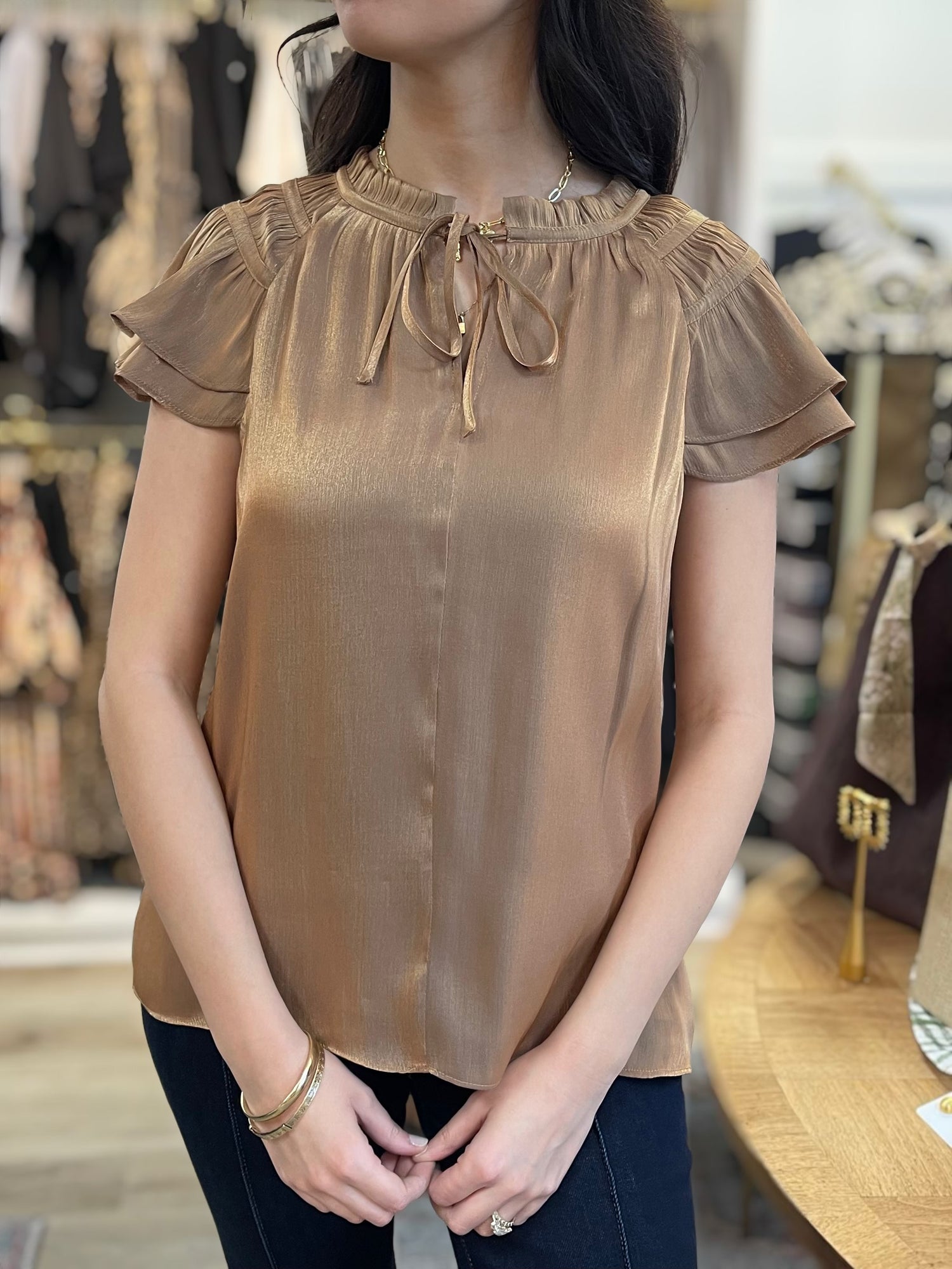 METALLIC GOLD TIE NECK RUFFLE SLEEVE TOP