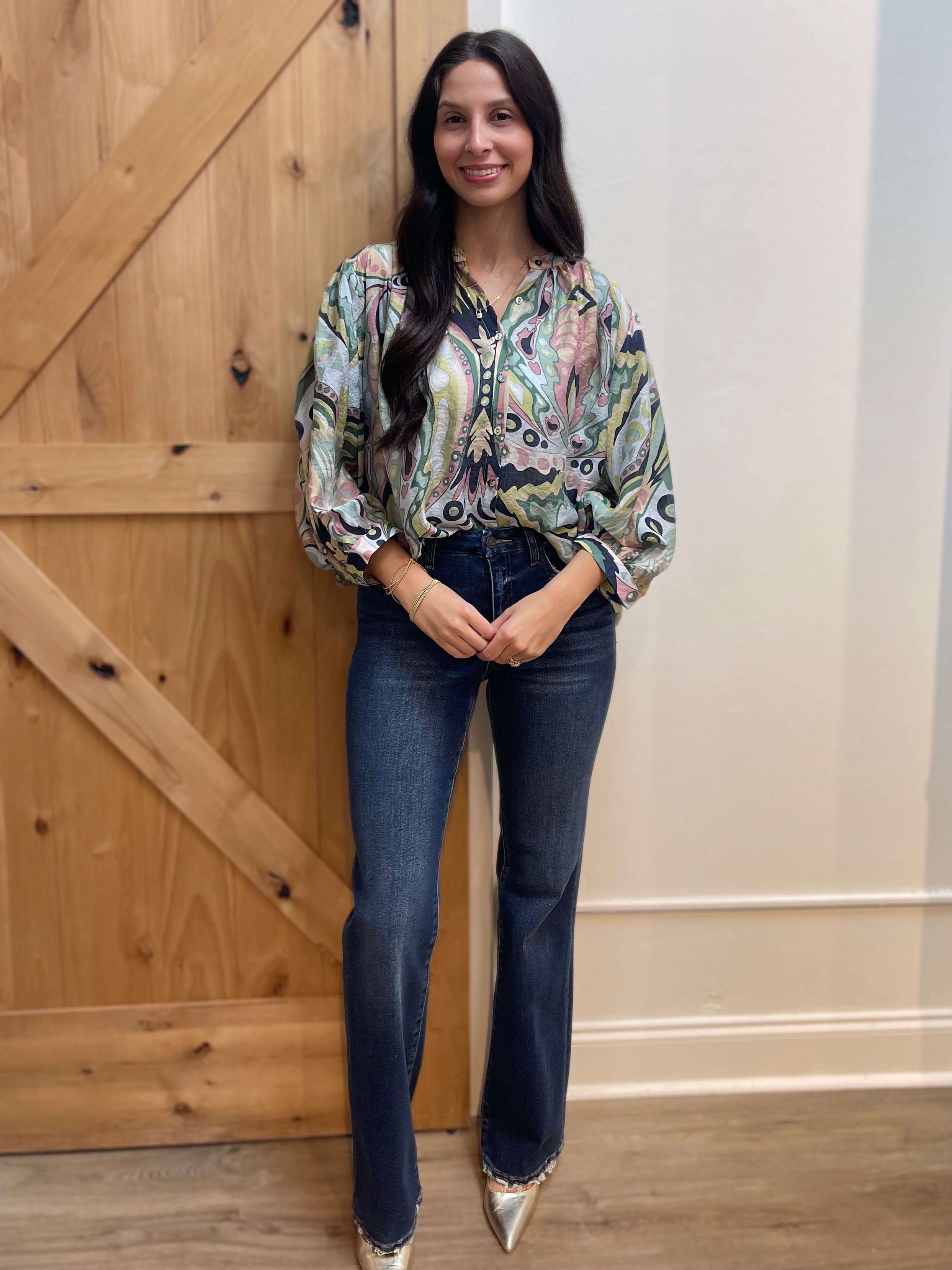 NAVY/MINT MULTI PRINT BATWING LONG SLEEVE BLOUSE