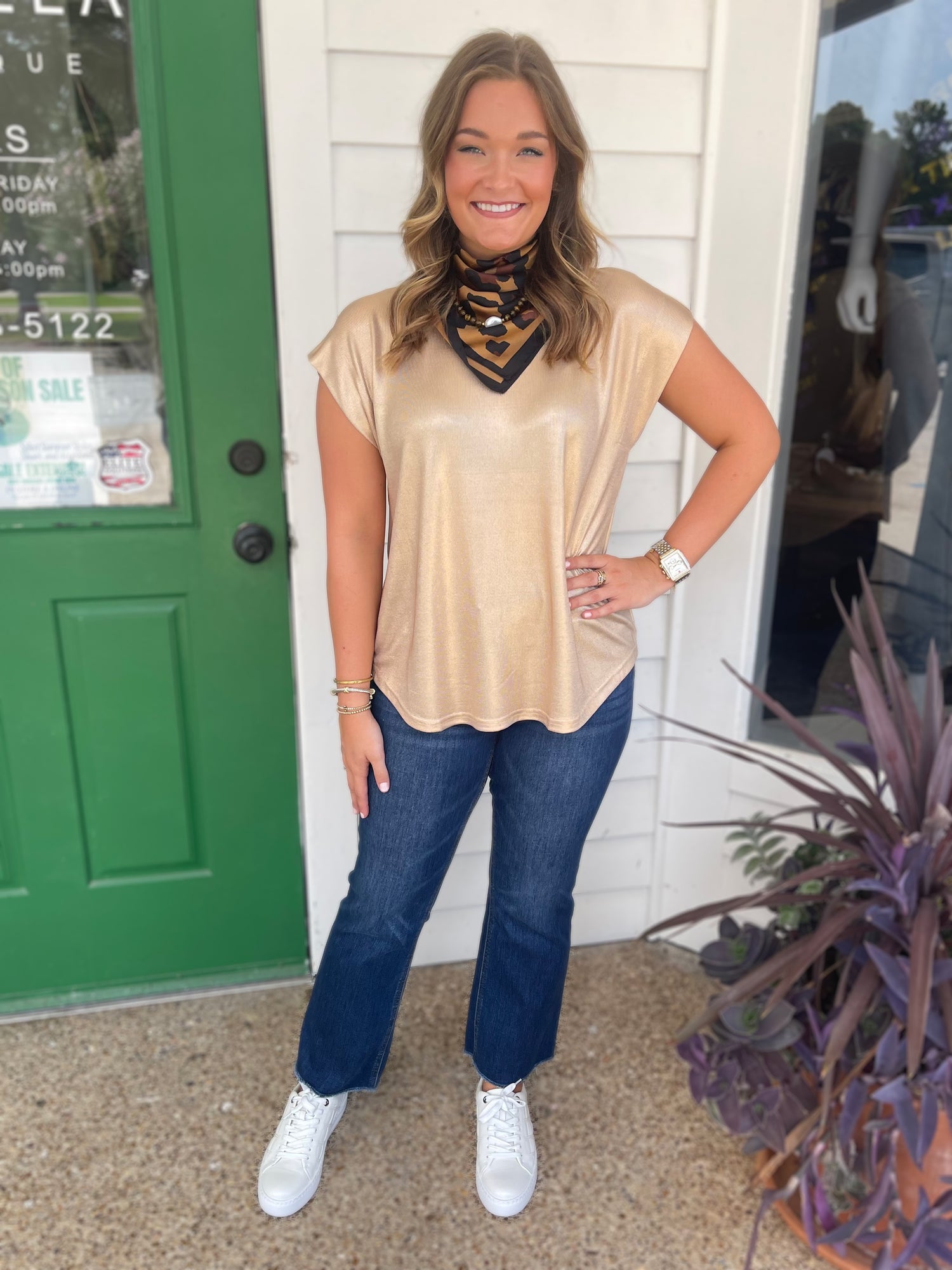 CHAMPAGNE METALLIC KNIT SHORT DROP SHOULDER TOP