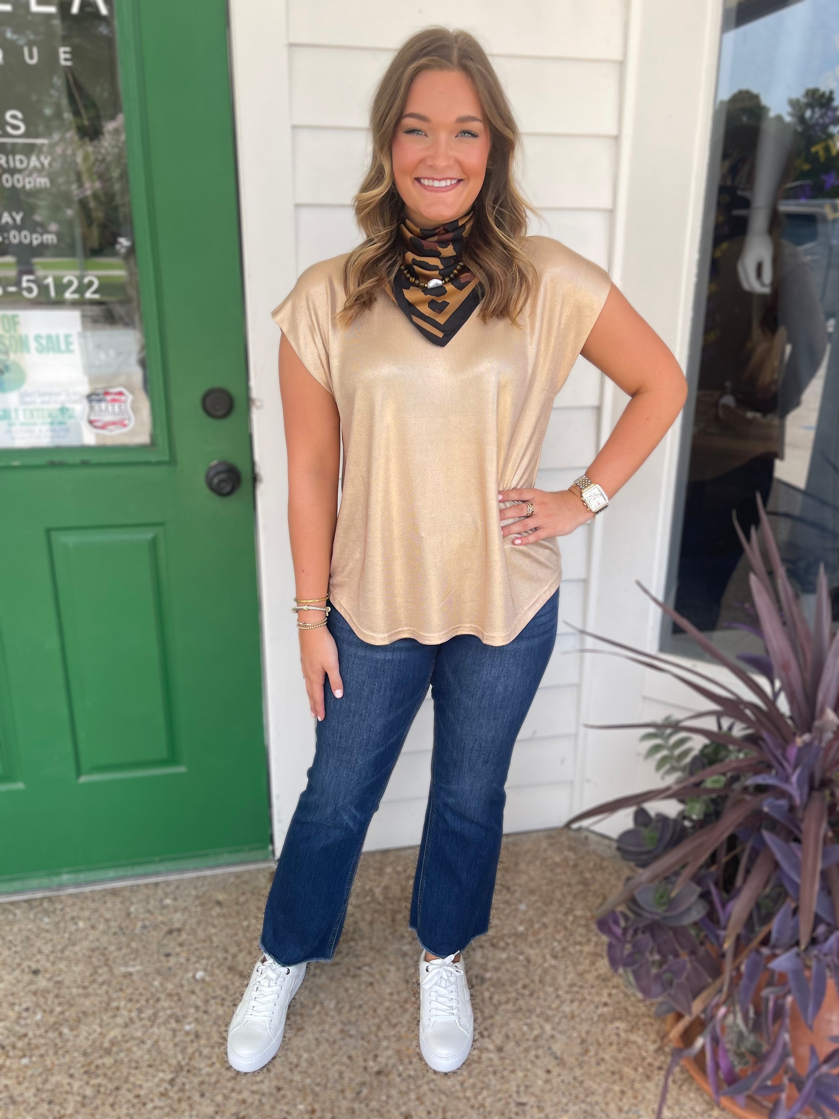CHAMPAGNE METALLIC KNIT SHORT DROP SHOULDER TOP