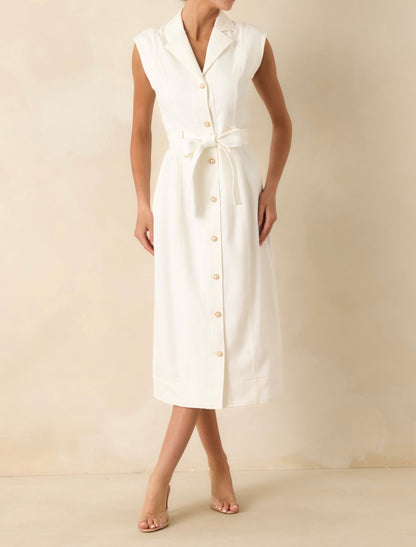 WHITE BUTTON UP BELTED JACQUELINE MIDI DRESS
