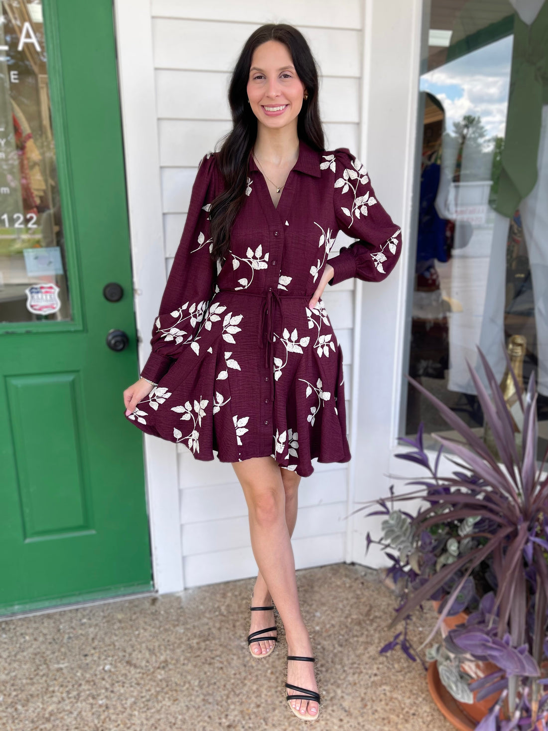 BURGUNDY/WHITE EMBROIDERED LONG SLEEVE BUTTON DOWN MINI DRESS