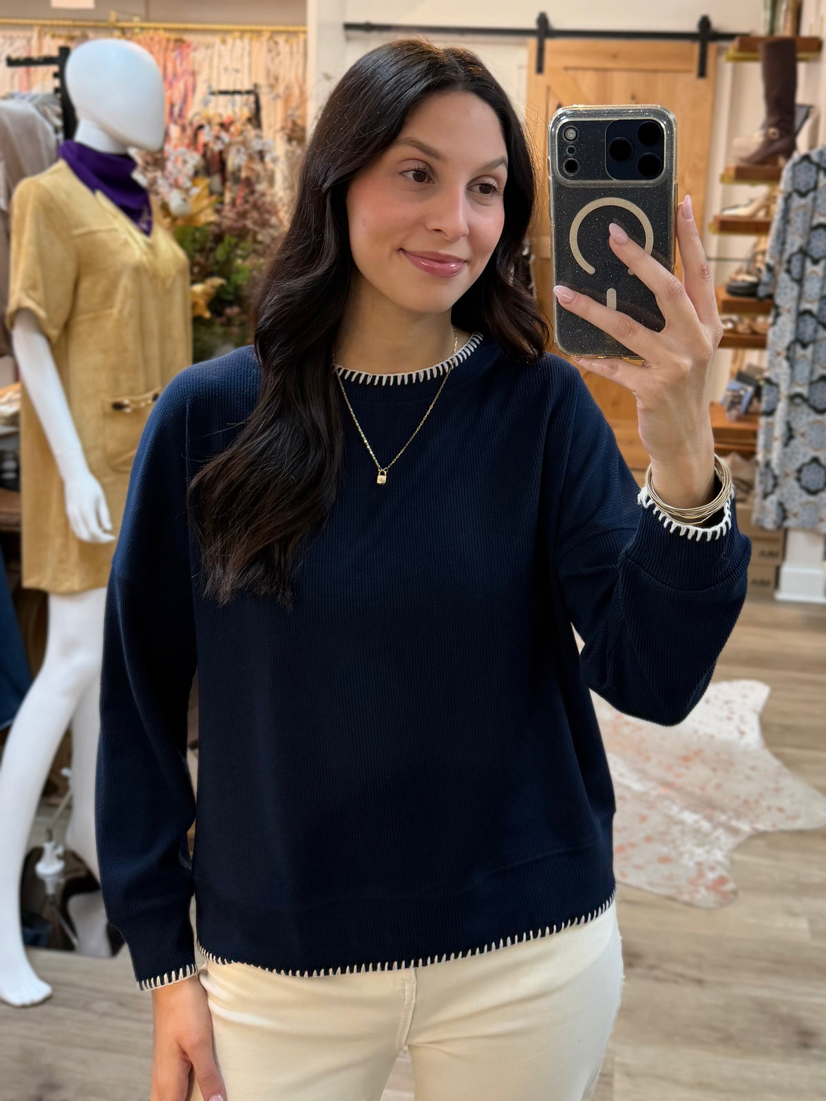 NAVY BLANKET STITCH RIBBED LONG SLEEVE PULLOVER TOP