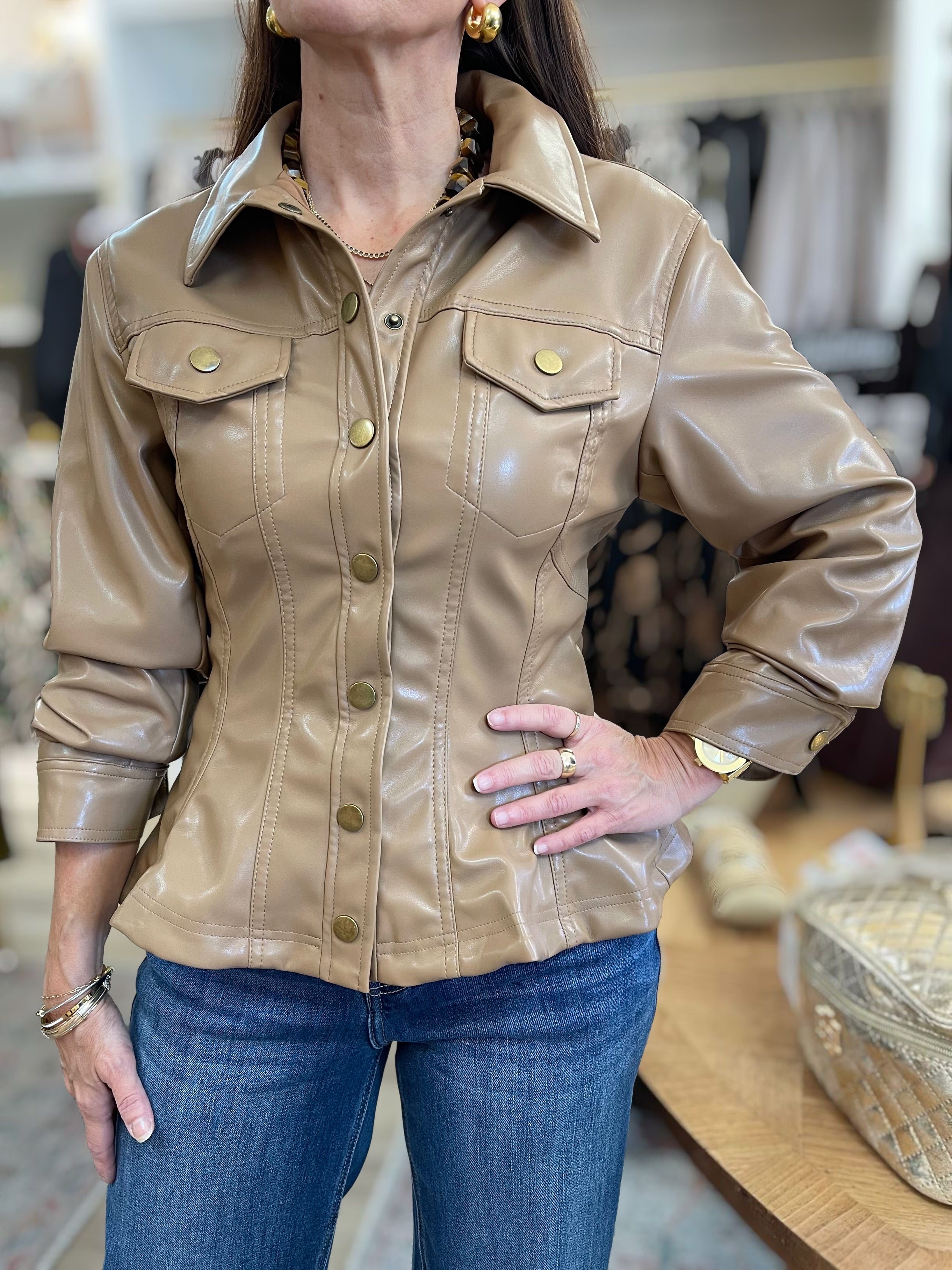 CAMEL CINCHED 3/4 SLEEVE PEPLUM FAUX LEATHER JACKET