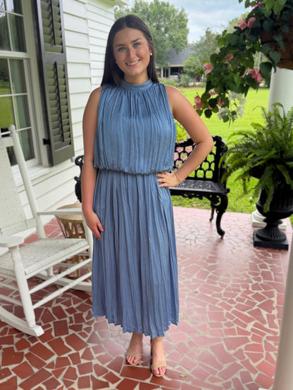 SLATE PLEATED SLEEVELESS SOFT MIDI DRESS