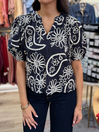NAVY FLORAL EMBROIDERY SHORT BALLOON SLEEVE TOP