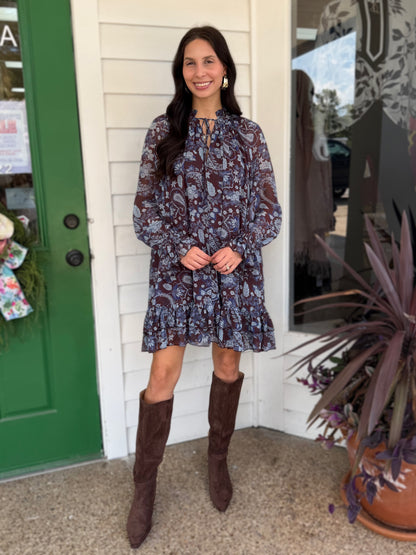 WINE/BLUE FLORAL PRINT LONG SLEEVE RUFFLE TIERED MINI DRESS