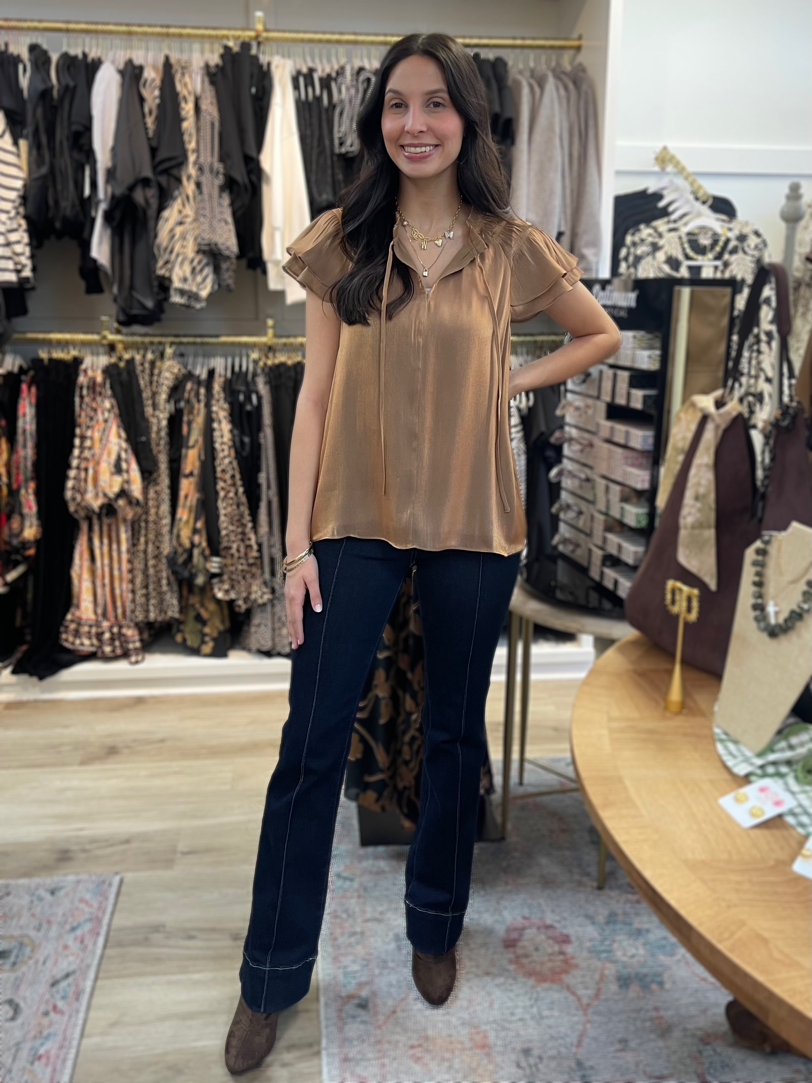 METALLIC GOLD TIE NECK RUFFLE SLEEVE TOP