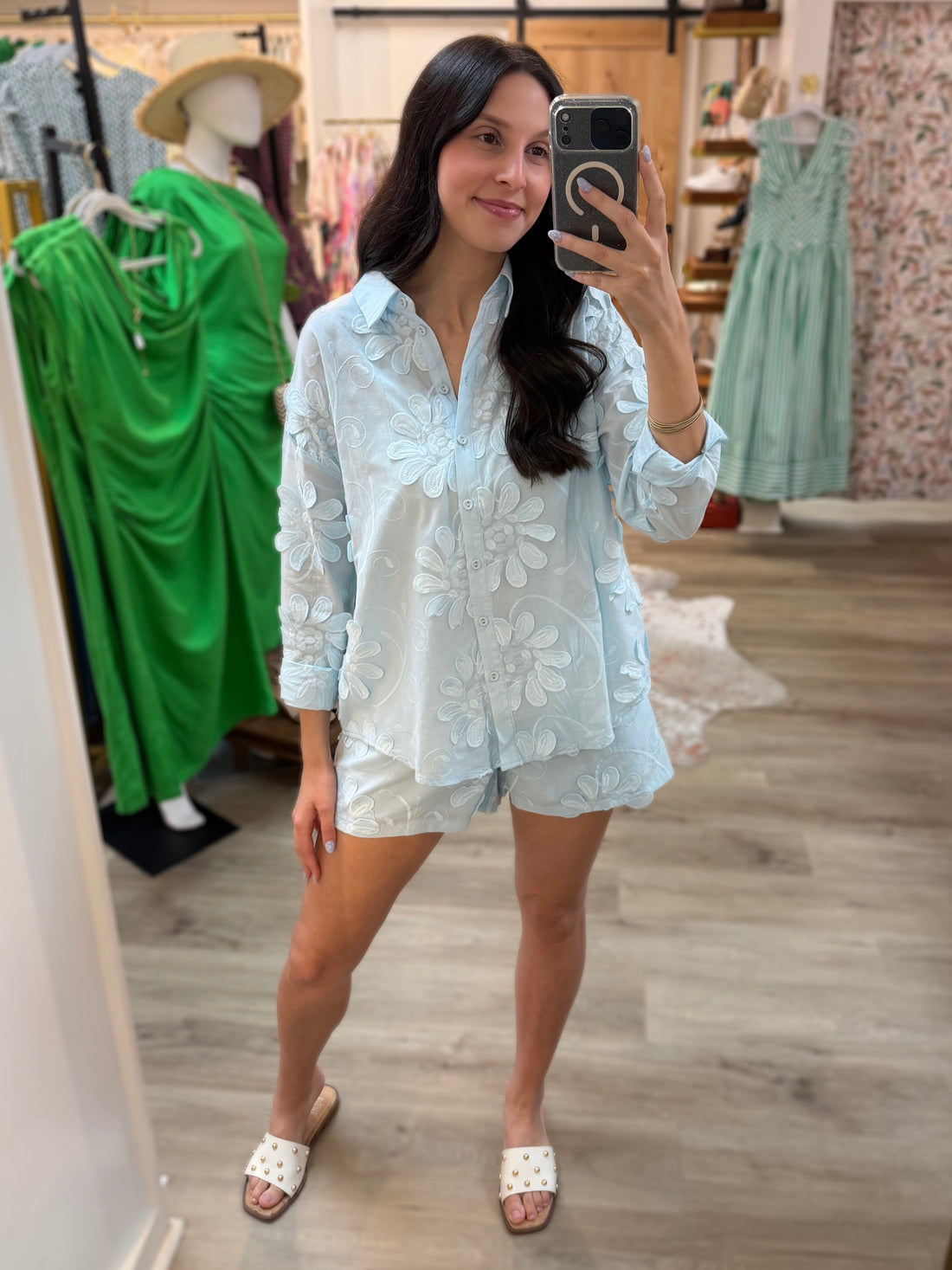 SKY BLUE 3DFLORAL APPLIQUE LONG SLEEVE SHIRT AND SHORT SET