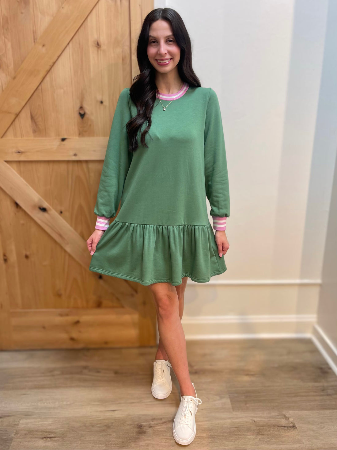 OLIVE STRIPE TRIM DROP WAIST LONG SLEEVE GEORGIA MINI DRESS