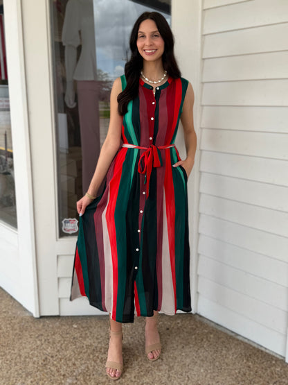 RED MULTI LINEAR FUSHION PRINT SLEEVELESS BUTTON UP SHIRT MIDI DRESS
