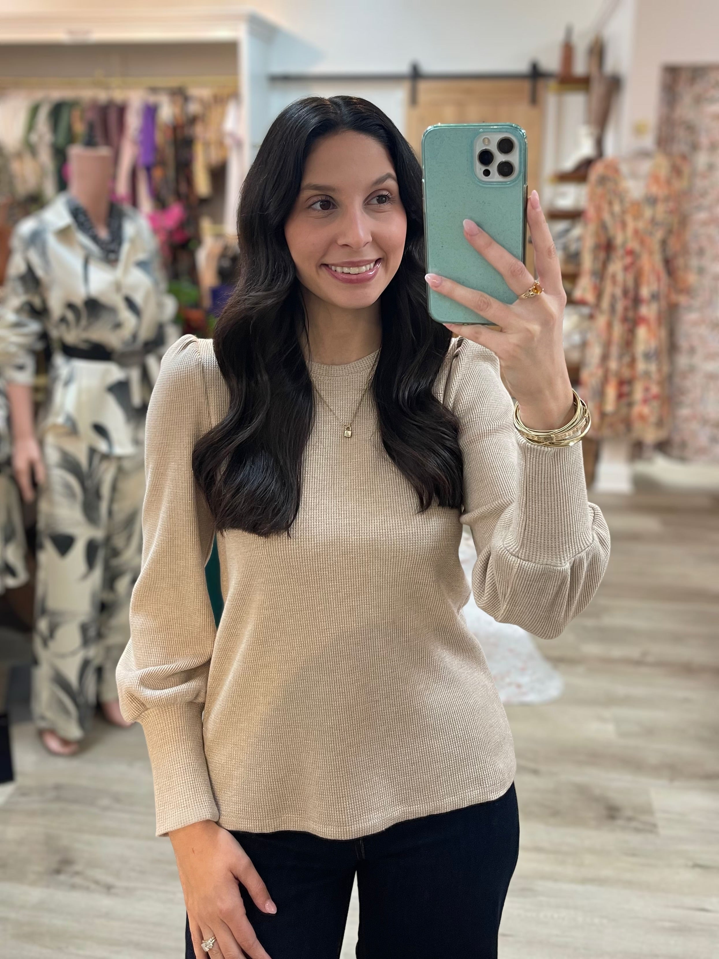 TAUPE LUREX THERMAL KNIT LONG PUFF SLEEVE TOP