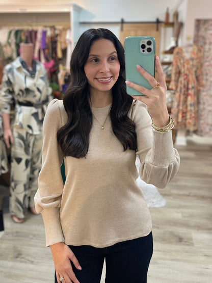 TAUPE LUREX THERMAL KNIT LONG PUFF SLEEVE TOP
