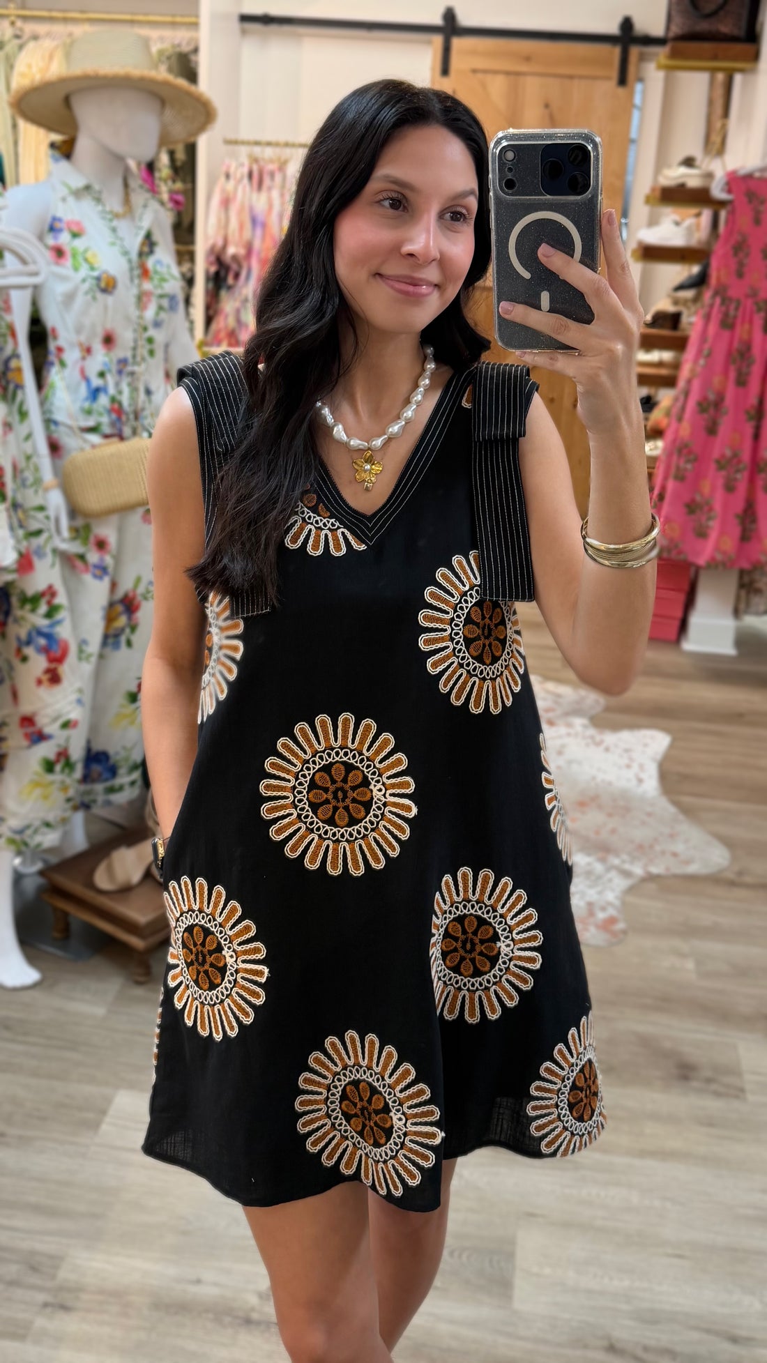 BLACK BOHO FLORAL EMBROIDERED SLEEVELESS SHOULDER BOW SHIFT MINI DRESS
