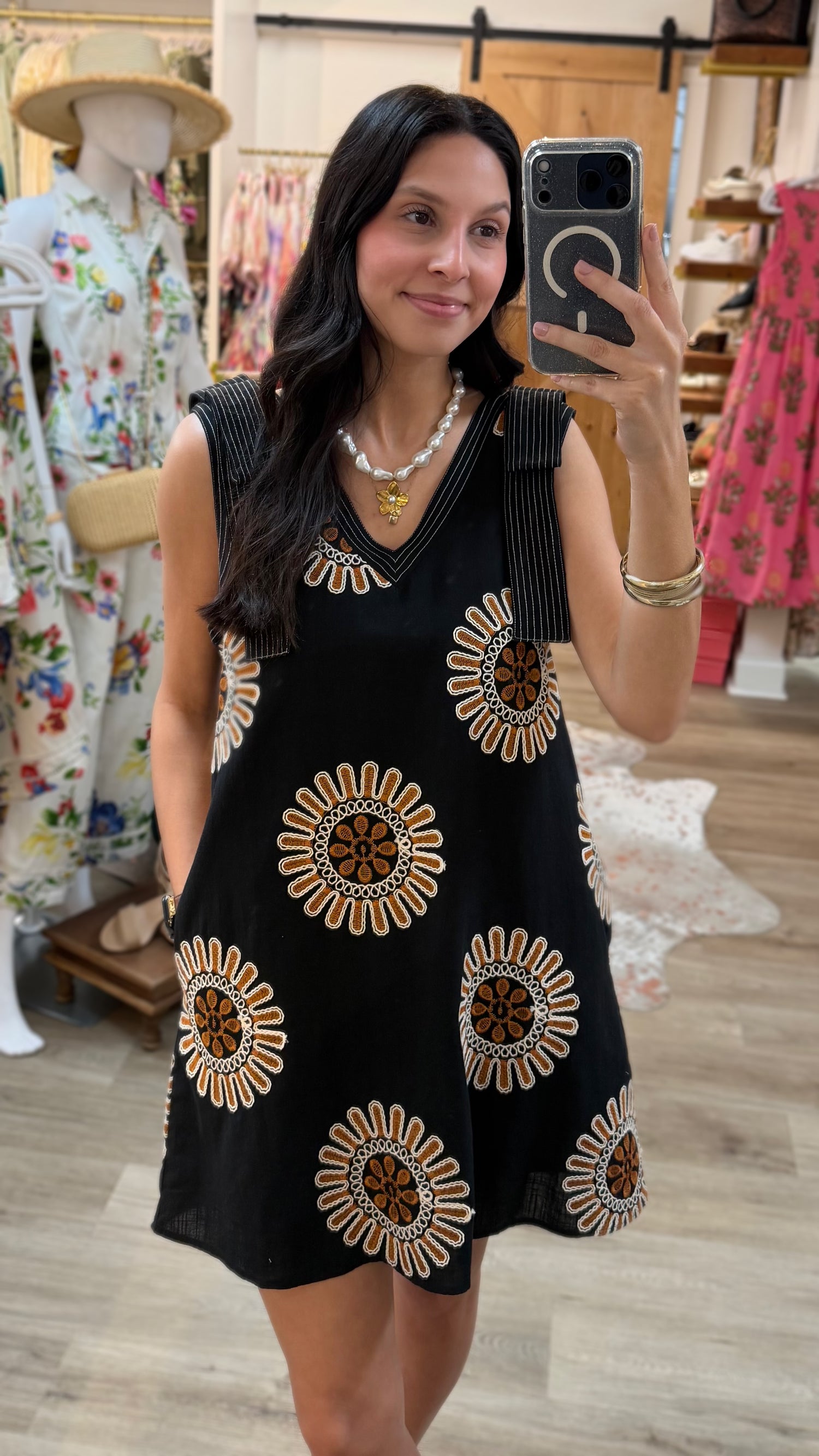 BLACK BOHO FLORAL EMBROIDERED SLEEVELESS SHOULDER BOW SHIFT MINI DRESS
