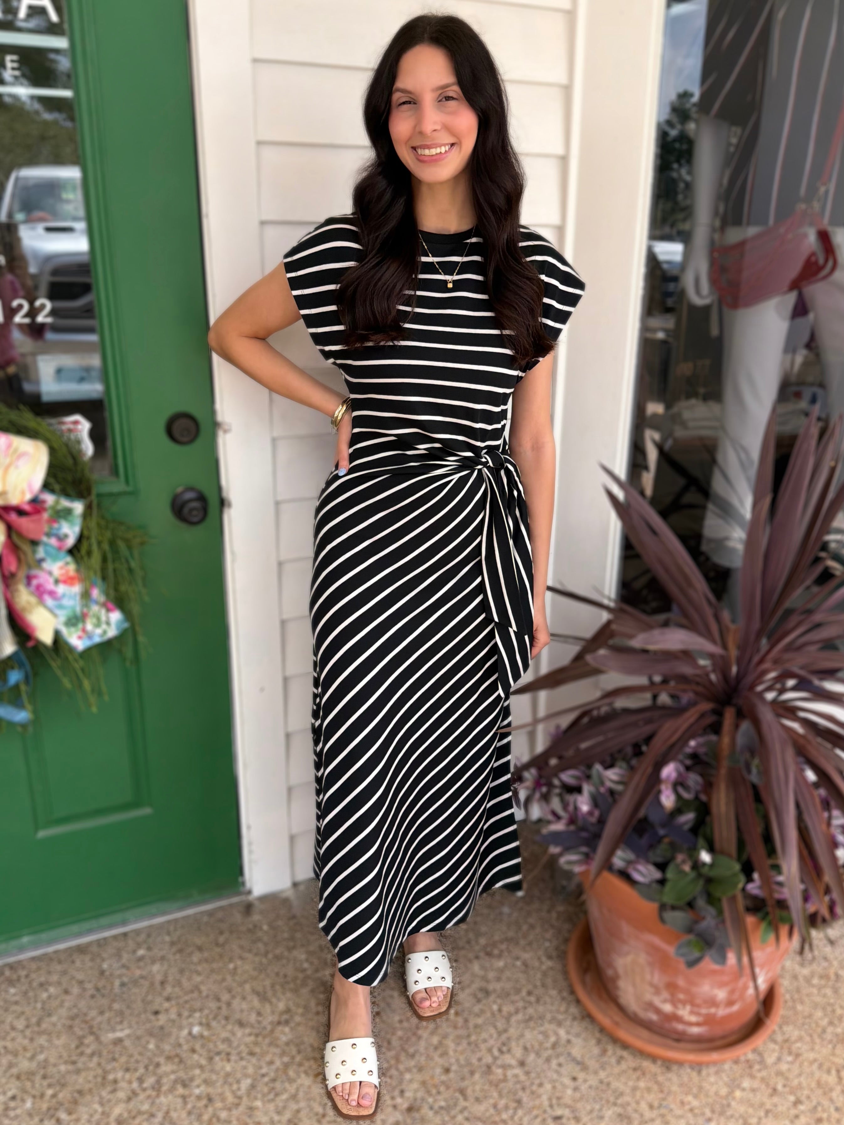 BLACK AND WHITE STRIPE WAIST TIE COTTON MAXI DRESS