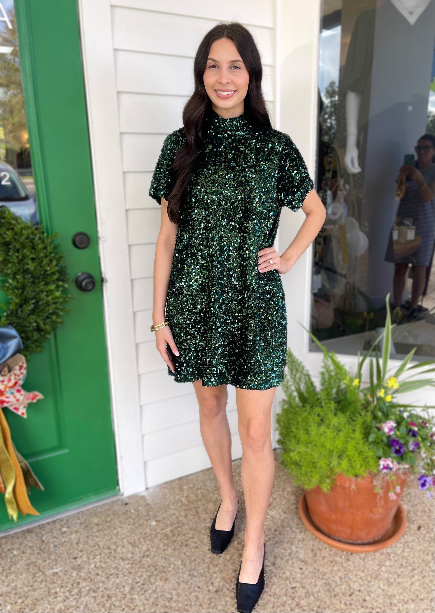 EMERALD GREEN SEQUIN MOCK NECK MINI DRESS