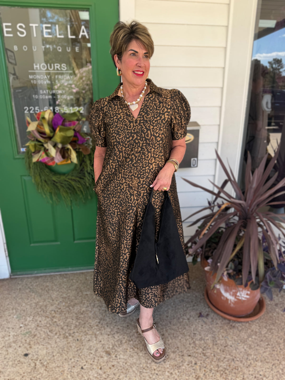LEOPARD ANIMAL PRINT SHORT PUFF SLEEVE MIDI DRESS