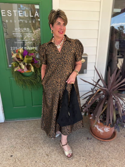 LEOPARD ANIMAL PRINT SHORT PUFF SLEEVE MIDI DRESS