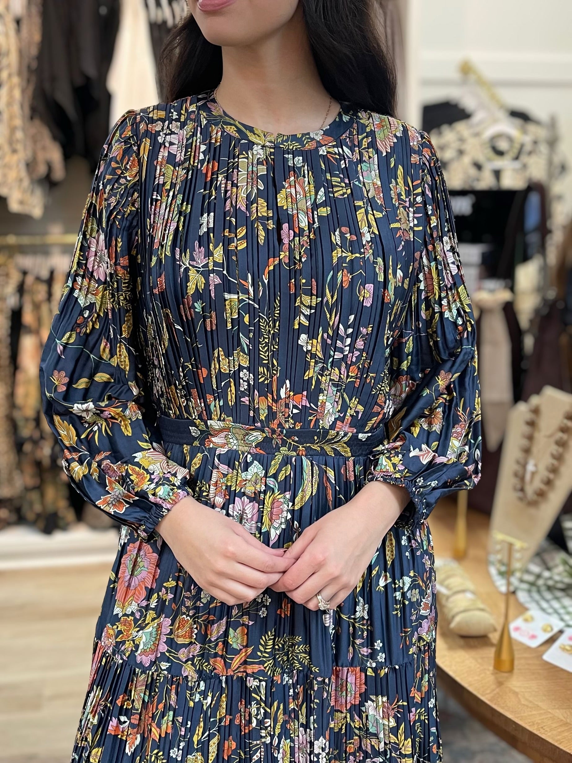 NAVY MUTLI FLORAL PRINT PLEATED LONG SLEEVE MIDI DRESS