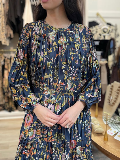 NAVY MUTLI FLORAL PRINT PLEATED LONG SLEEVE MIDI DRESS