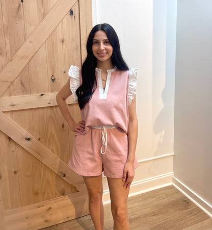 LIGHT PNK RUFFLE SLEEVE KNIT SHORT SET