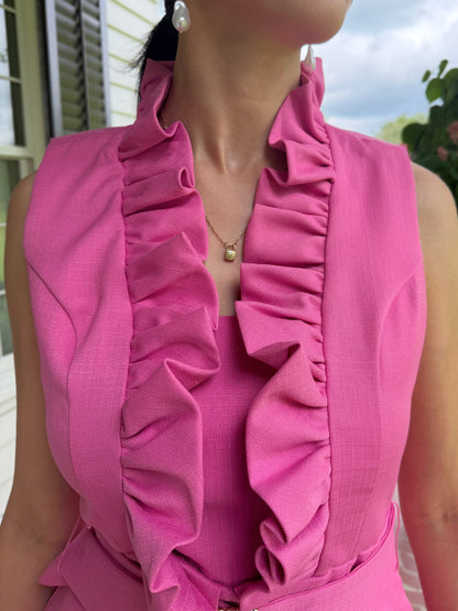 KNOCKOUT PINK RUFFLED NECK FITTED MERCEDES MINI DRESS