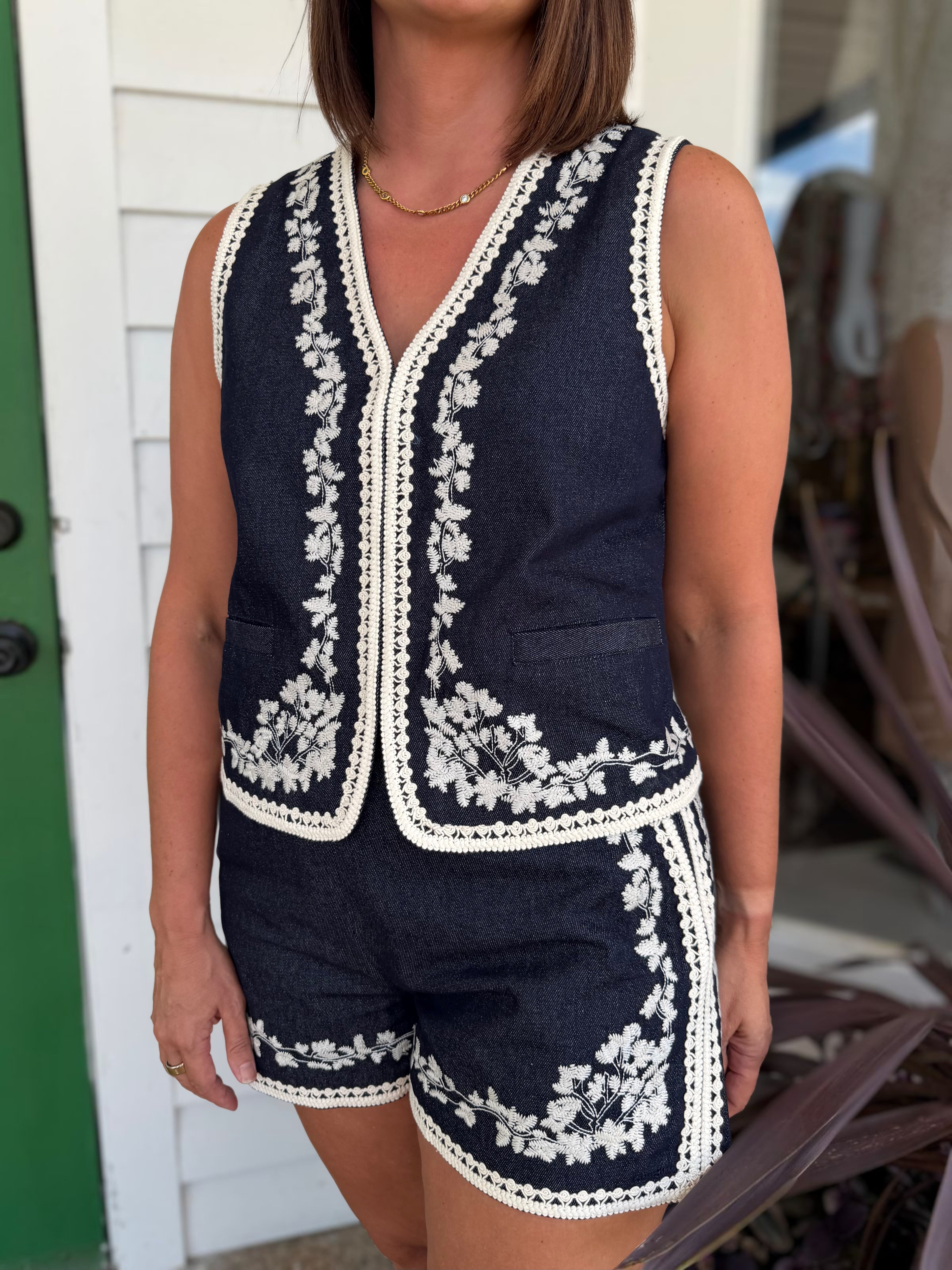 DEEP INDIGO BLUE EMBROIDERY DETAIL SHORTS
