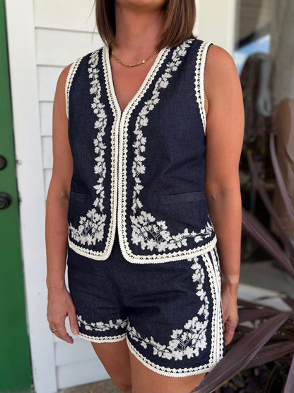 DEEP INDIGO BLUE EMBROIDERY DETAIL SHORTS