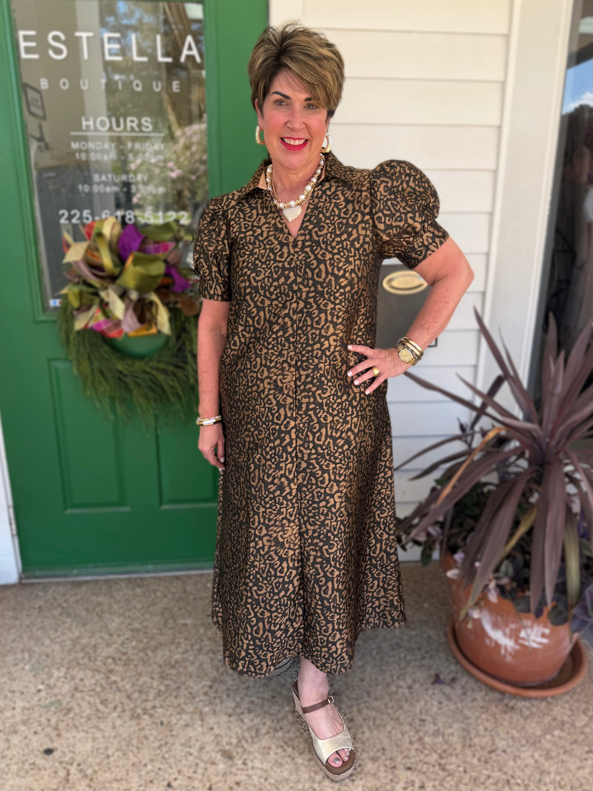 LEOPARD ANIMAL PRINT SHORT PUFF SLEEVE MIDI DRESS