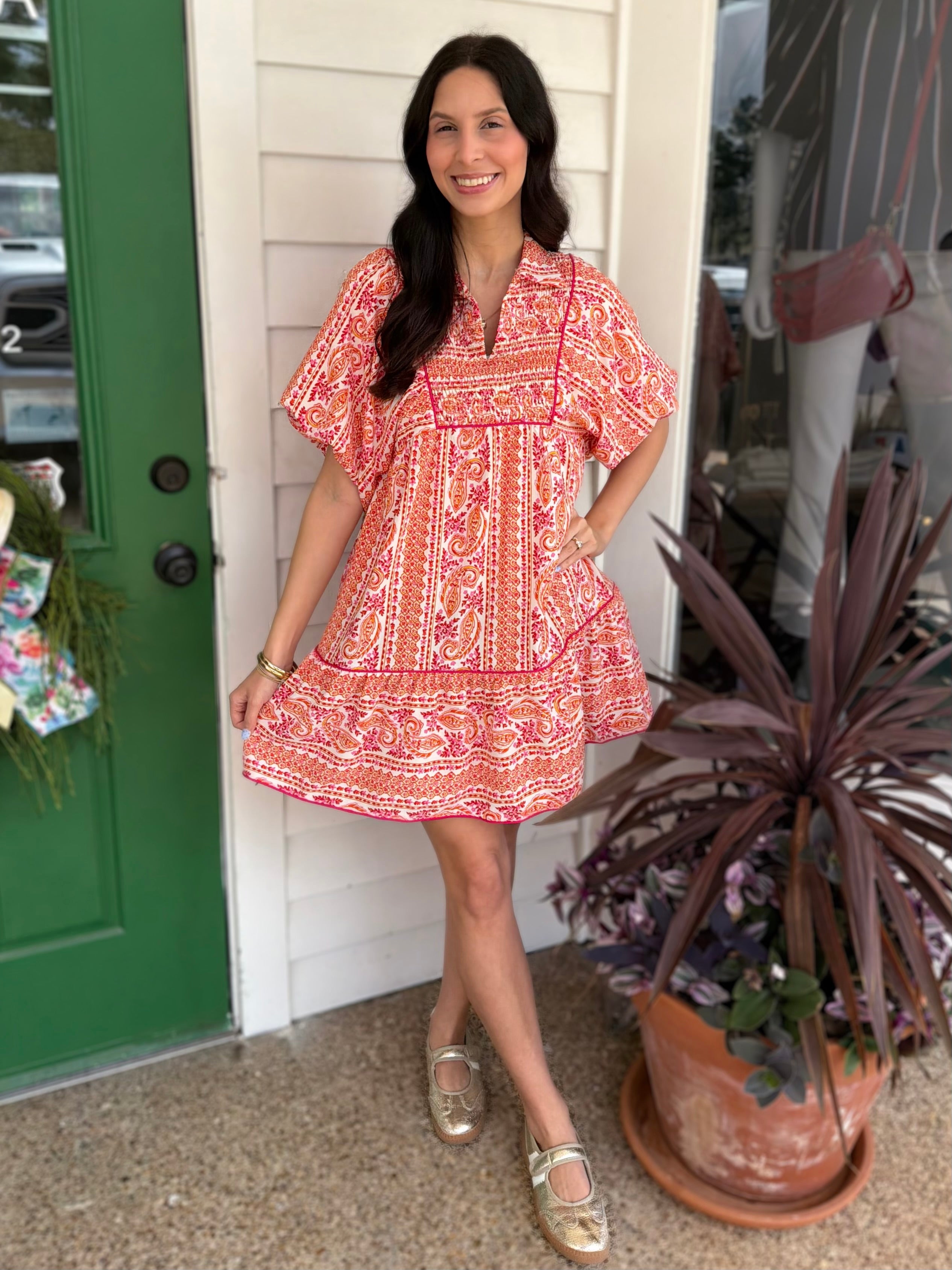PINK MIXED PAISLEY PRINT SMOCKED FRONT YOKE PUFF SLEEVE MINI DRESS