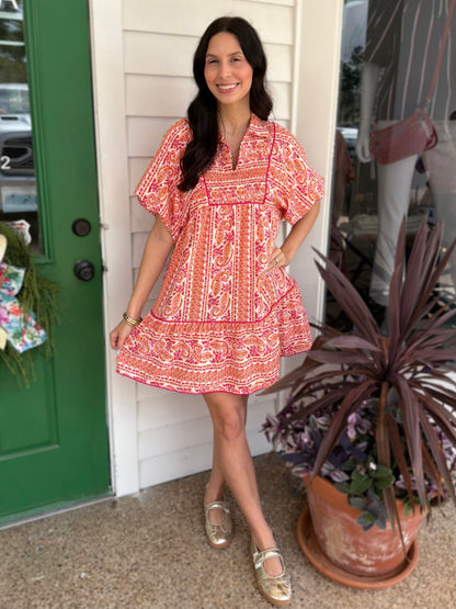 PINK MIXED PAISLEY PRINT SMOCKED FRONT YOKE PUFF SLEEVE MINI DRESS