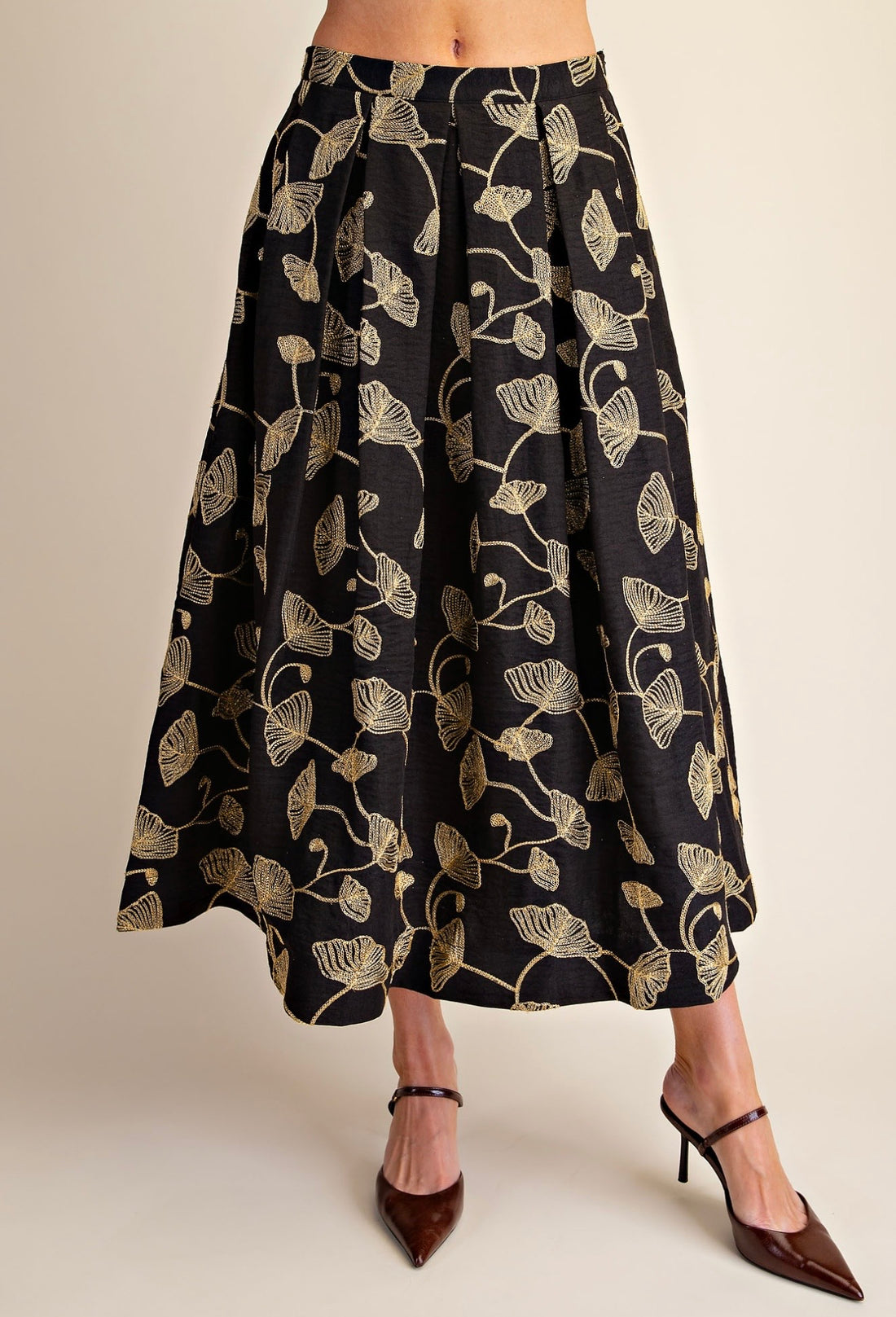 BLACK &amp; GOLD LEAF EMBROIDERY A-LINE PLEATED MIDI SKIRT