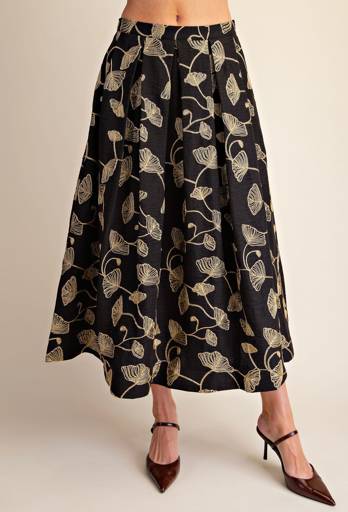 BLACK &amp; GOLD LEAF EMBROIDERY A-LINE PLEATED MIDI SKIRT