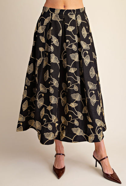 BLACK &amp; GOLD LEAF EMBROIDERY A-LINE PLEATED MIDI SKIRT