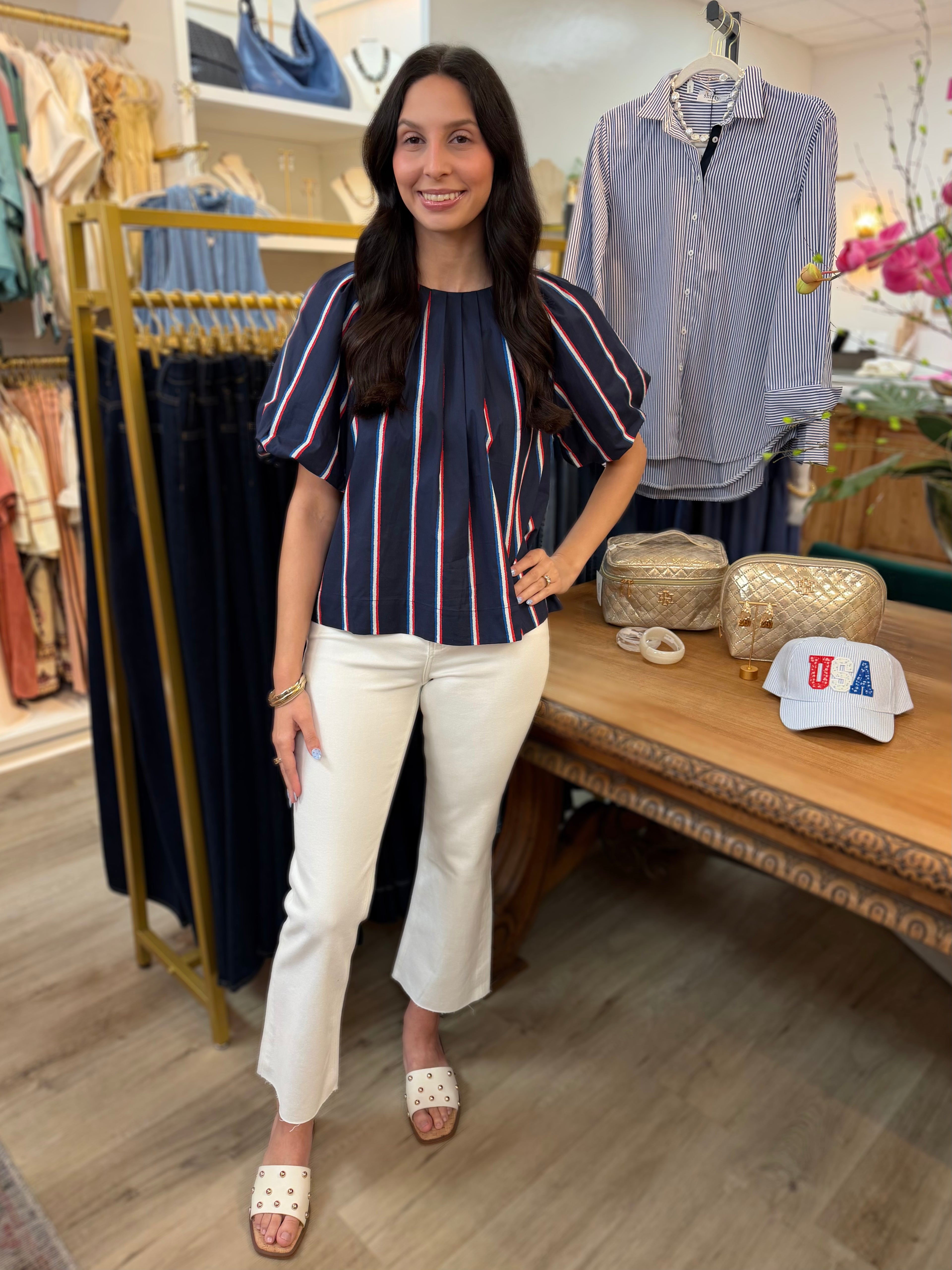 NAVY USA STRIPE BALLOON SLEEVE TOP