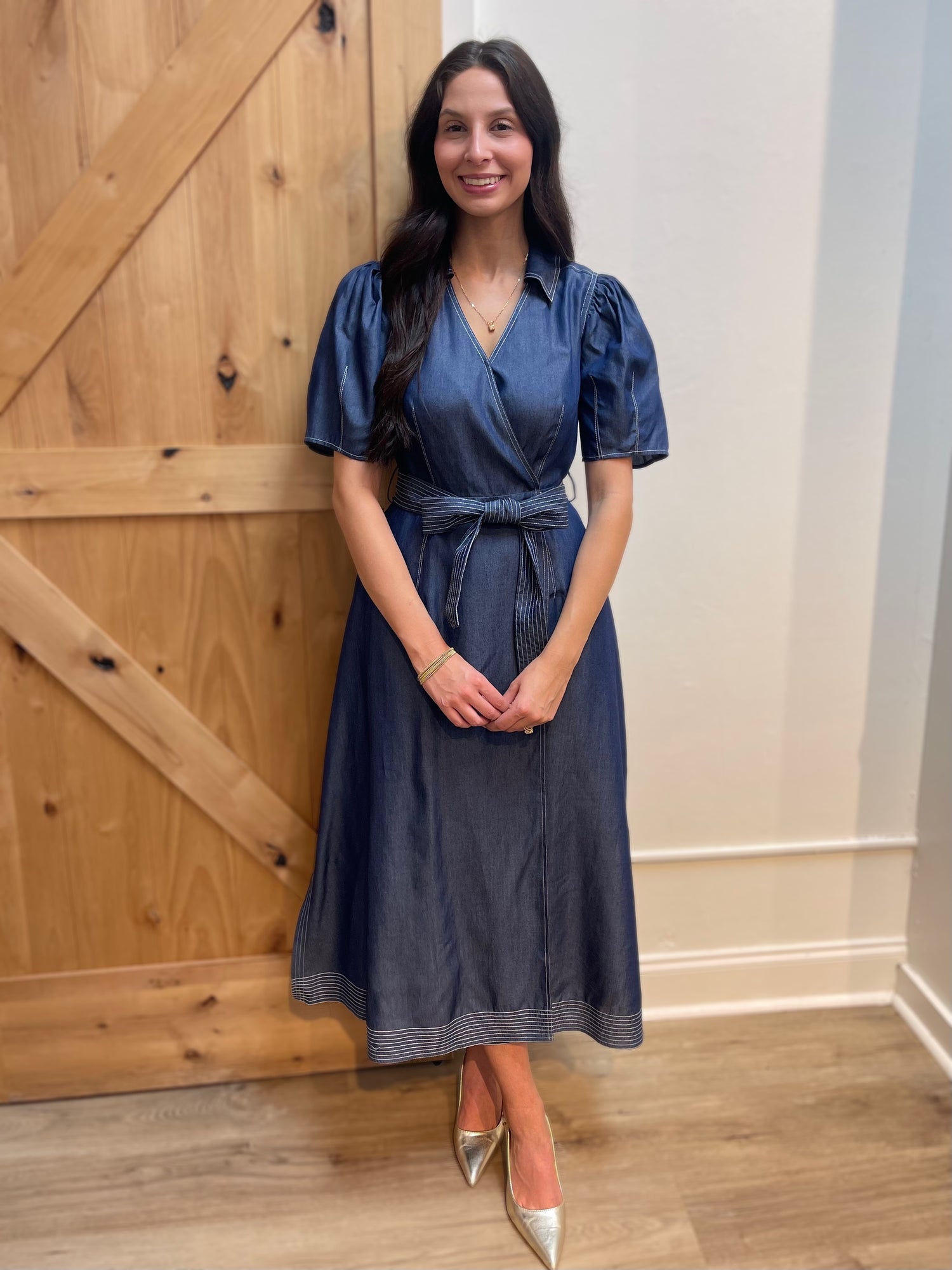BLUE DENIM TRUE WRAP ROSANNA MIDI DRESS