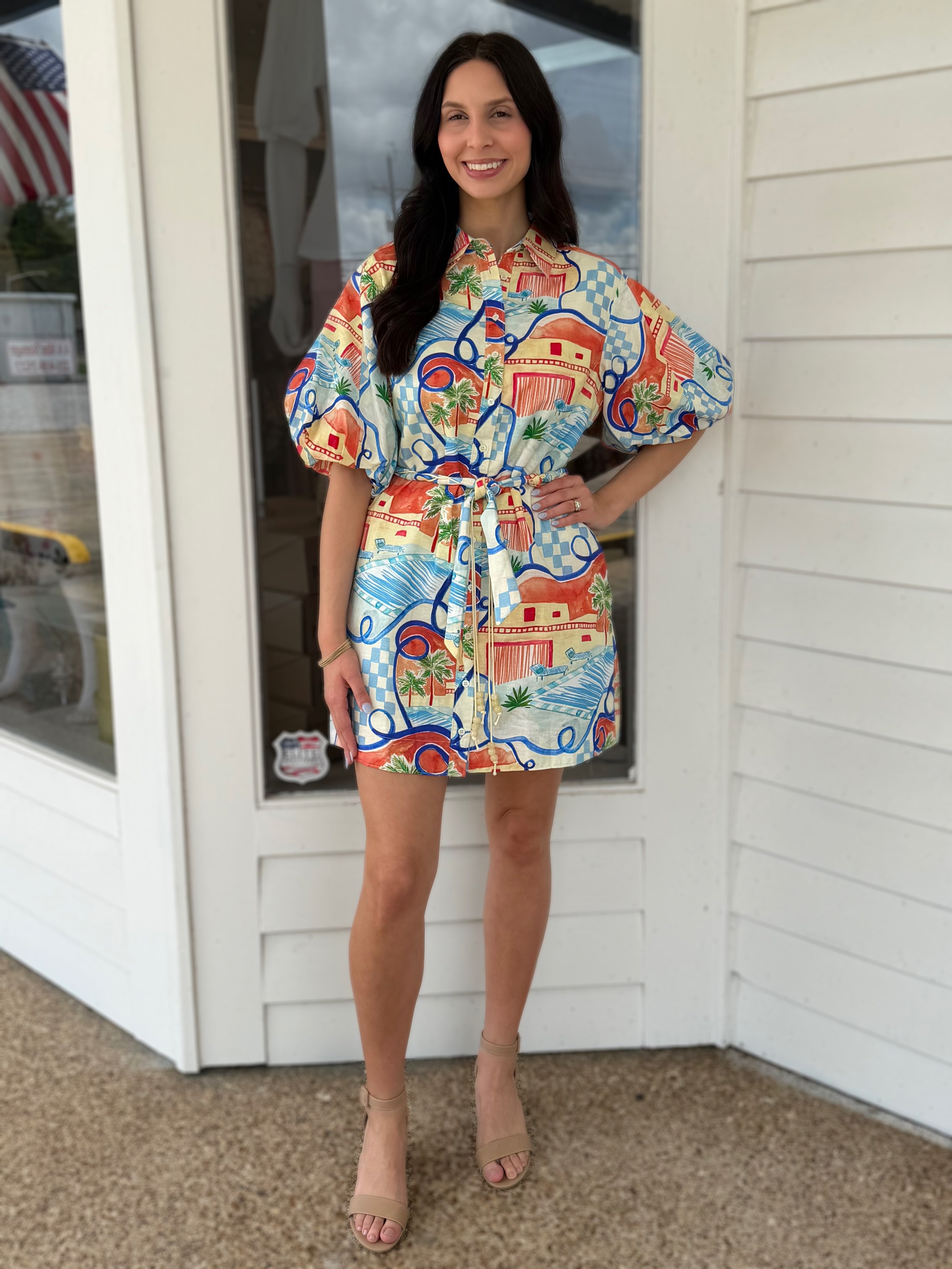 BLUE MULTI VACATION PRINT SHORT PUFF SLEEVE BUTTON UP MINI DRESS