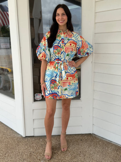 BLUE MULTI VACATION PRINT SHORT PUFF SLEEVE BUTTON UP MINI DRESS