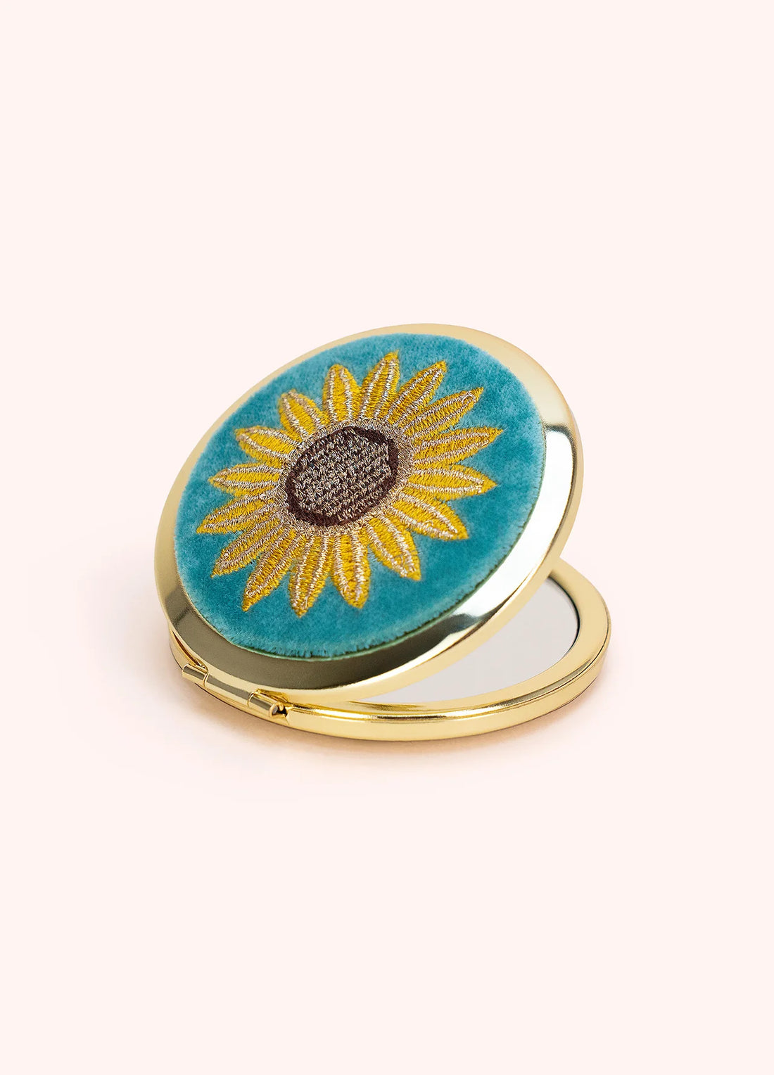BLUE SUMMER SUNFLOWER VELVET EMBROIDERED COMPACT MIRROR
