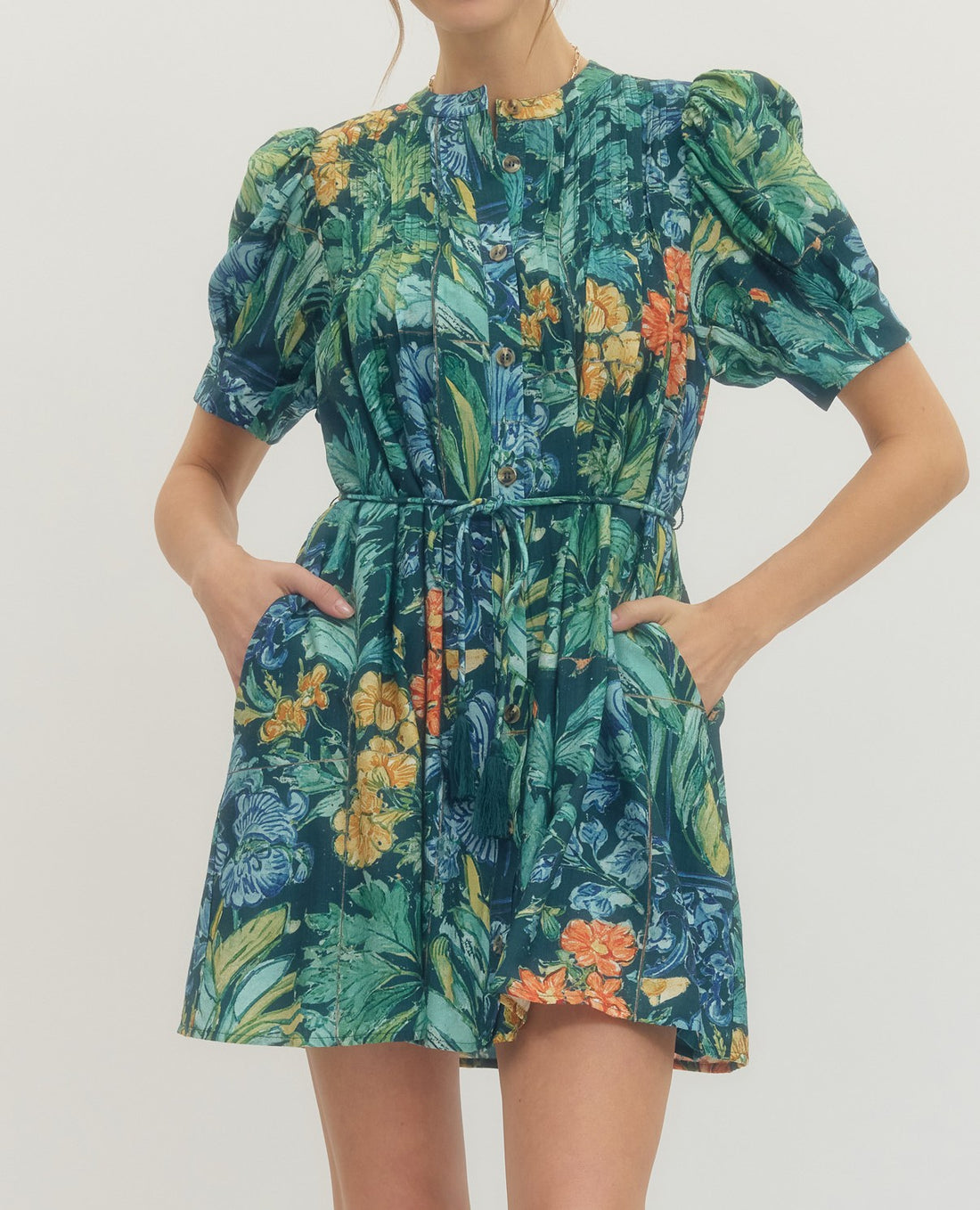 NAVY FLORAL PRINT BUTTON UP SHORT SLEEVE WAIST TASSLE TIE MINI DRESS