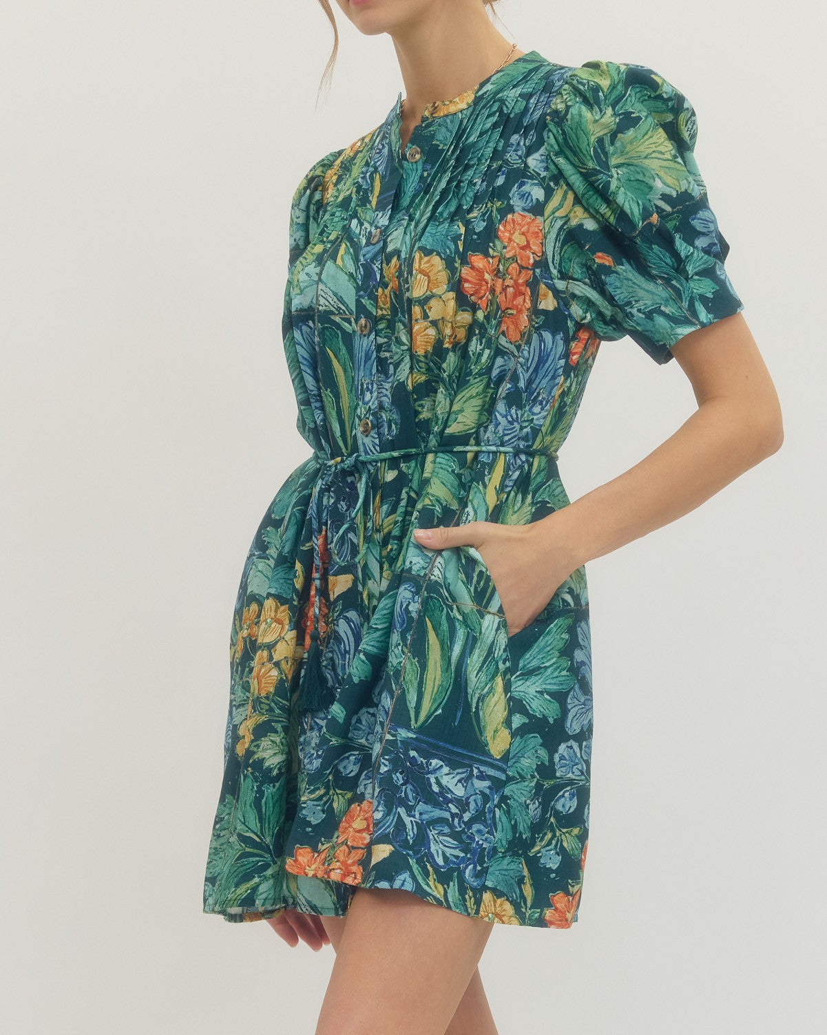 NAVY FLORAL PRINT BUTTON UP SHORT SLEEVE WAIST TASSLE TIE MINI DRESS