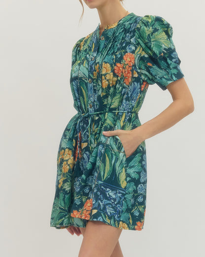 NAVY FLORAL PRINT BUTTON UP SHORT SLEEVE WAIST TASSLE TIE MINI DRESS