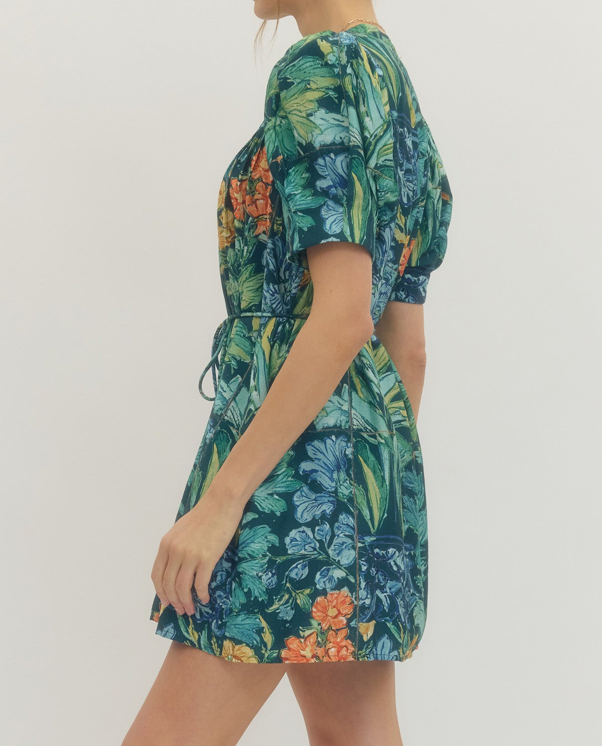 NAVY FLORAL PRINT BUTTON UP SHORT SLEEVE WAIST TASSLE TIE MINI DRESS