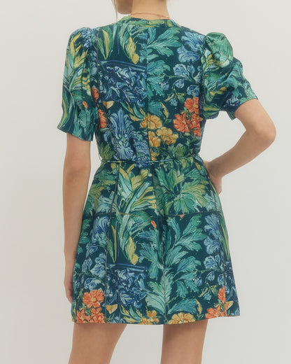NAVY FLORAL PRINT BUTTON UP SHORT SLEEVE WAIST TASSLE TIE MINI DRESS