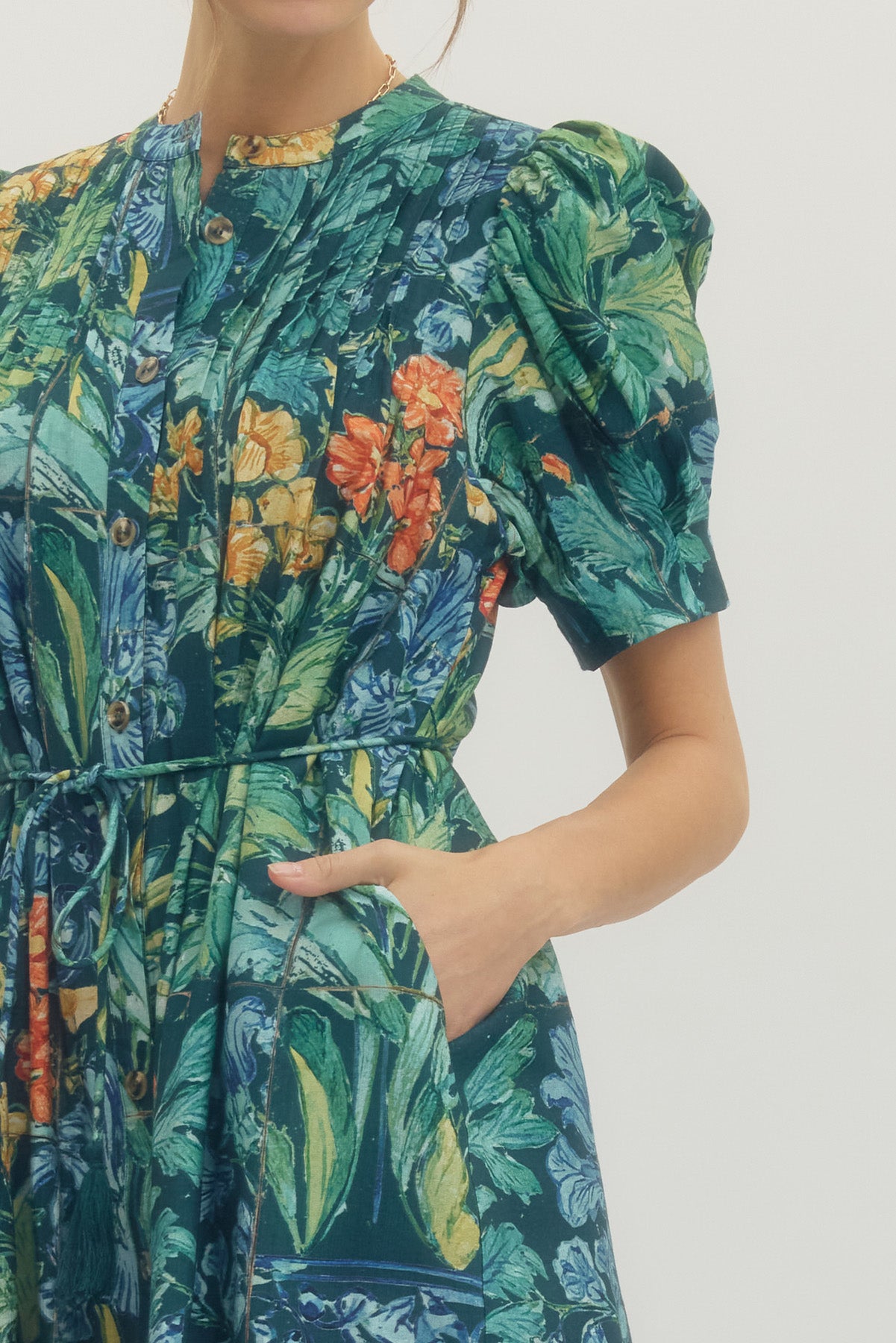NAVY FLORAL PRINT BUTTON UP SHORT SLEEVE WAIST TASSLE TIE MINI DRESS