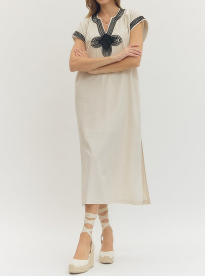 LINEN/BLACK TWISTED PIPING DETAIL SHORT SLEEVE MIDI DRESS