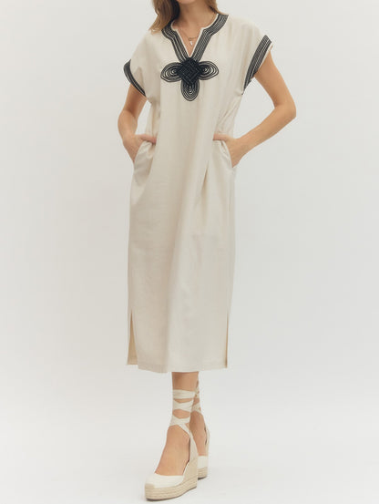 LINEN/BLACK TWISTED PIPING DETAIL SHORT SLEEVE MIDI DRESS